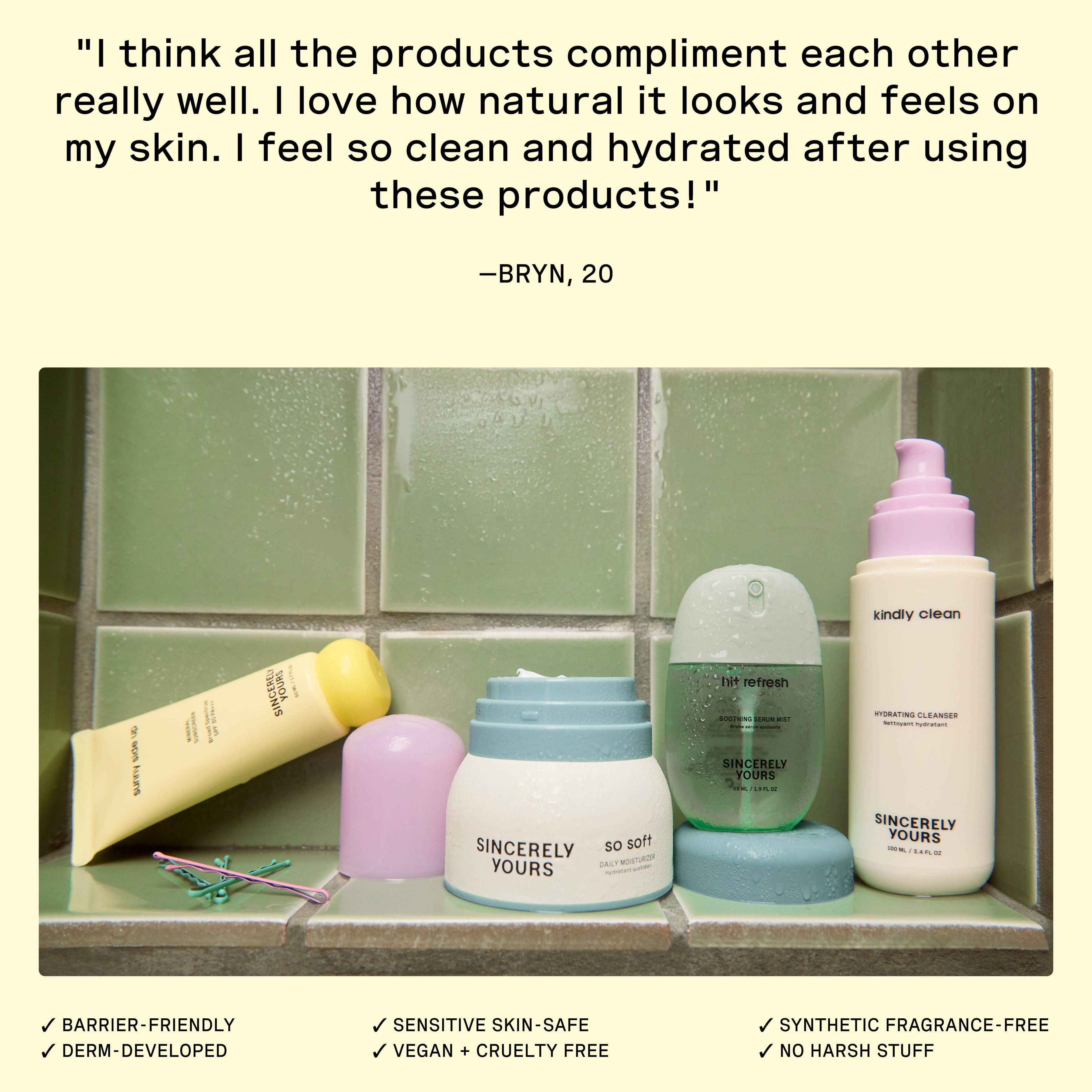 Cosmetic products on a bathroom shelf with a customer review and product features listed.